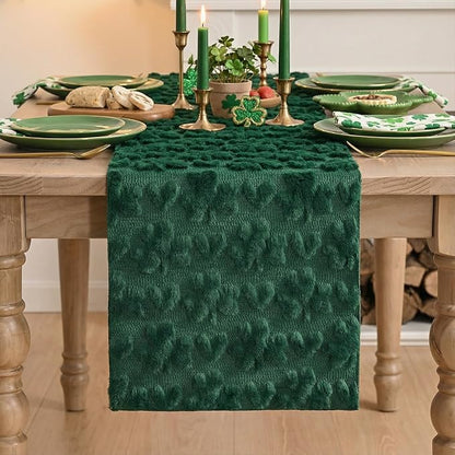 Artoid Mode Green Soft Plush Faux Fur Jacquard Heart Clover St. Patrick's Day Table Runner, Seasonal Kitchen Dining Table Decoration for Home Party Decor 13x108 Inch