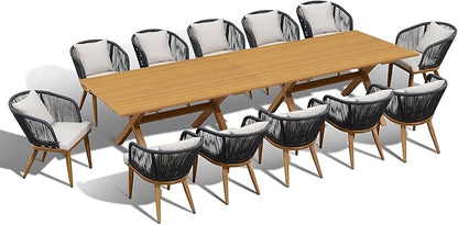 PURPLE LEAF 14 Pieces Patio Dining Set Wicker Outdoor Furniture Rectangular Table and Chairs Set for Garden Deck Teak-Finish & Grey Aluminum Frame Backyard Kitchen Set, Cushions and Pillows Included