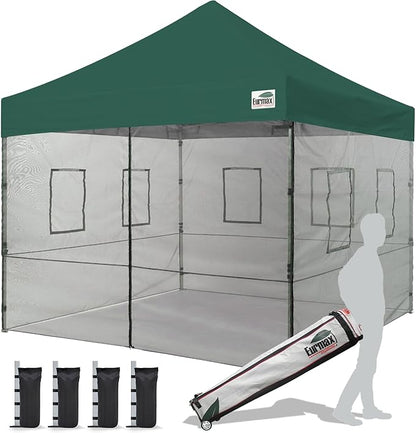 Eurmax USA 10'x10' Pop-up Canopy Tent Commercial Instant Canopies with 4 Removable Zipper End Food Service Wall kit and Roller Bag, Bonus 4 SandBags(Forest Green)