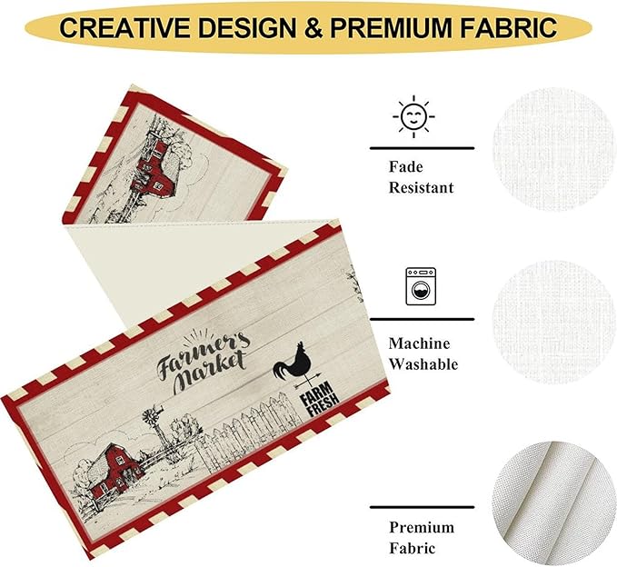 Farmhouse Table Runner, Rustic Country Barn Cottage Rooster Check Animal Plank Coffee Table Center Decor for Home Kitchen Dining Patio Holiday Party Indoor Outdoor Table Decorations 13"x36"