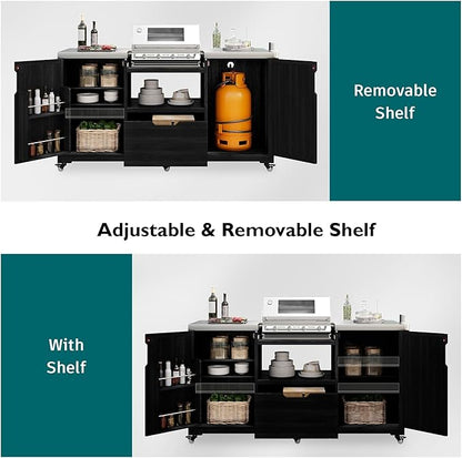 66.5" Outdoor Kitchen Island with Stainless Steel Top for Big Green Egg, Rolling Grill Cart with Adjustable Shelves, Lockable Wheels, Outdoor Table and Bar Storage Cabinet for Patio