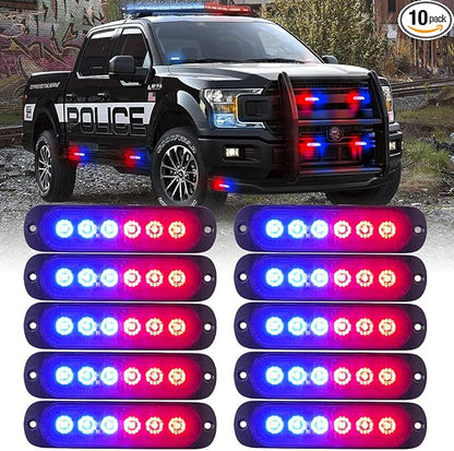 Xprite 10PCS LED Emergency Strobe Lights, Red Blue 12-LED Surface Mount Flashing Strobe Lights, Sync Feature Ultra Slim Grill Light for Volunteer Trucks ATV SUV Vehicles