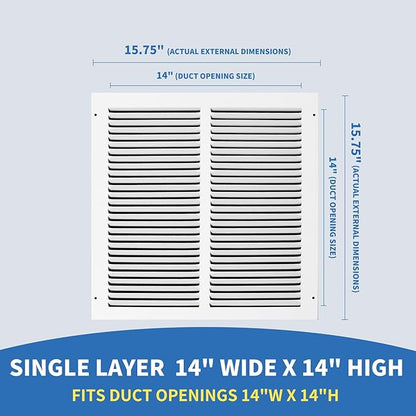 14x14 Vent Cover (Duct Opening Size), Air Return Vent Cover, AC Vent Cover, Cold Air Return Vent Cover, Flat Return Air Grilles, Outer Dimensions:15.75"W x 15.75"H (14"Wx14"H, Duct Opening)
