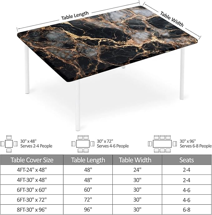 Rectangle Table Cloth Cover Waterproof Elastic Fitted Polyester Fitted Tablecloths for 6 Foot Tables for Indoor,Picnic, Camping, Outdoor （60" x 30"，Black Marble）