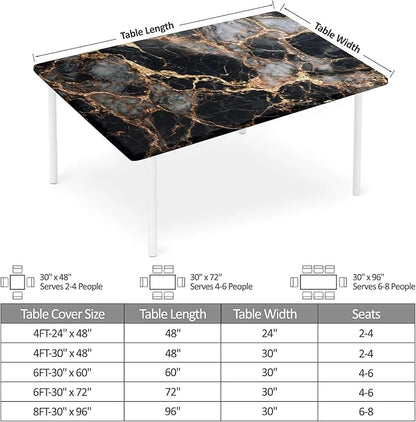 Rectangle Table Cloth Cover Waterproof Elastic Fitted Polyester Fitted Tablecloths for 8 Foot Tables for Indoor,Picnic, Camping, Outdoor （96" x 30"，Black Marble）