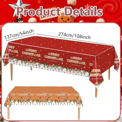 Merry Christmas Party Table Cloth Decorations Red Orange Gingerbread Plastic Xmas Tablecloths - 54x108inch Snowflake Christmas Tree Disposable Table Cover for Holiday Indoor Outside Home