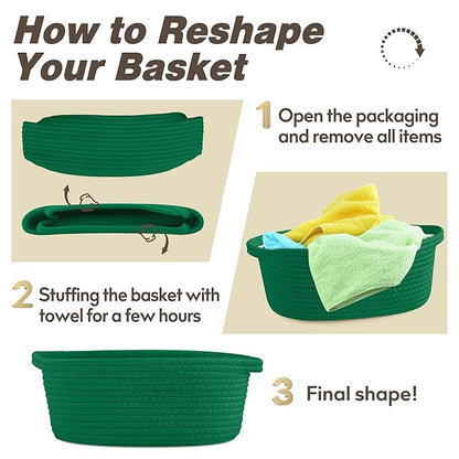Pro Goleem Small Woven Basket with Gift Bags and Ribbons Durable Baskets for Gifts Empty Small Rope Basket for Storage 12"X 8" X 5" Baby Toy Baskets with Handles, Green