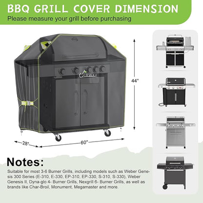 UIRWAY Gas Grill Cover 60 Inch, Waterproof, UV & Fade Resistant BBQ Grill Cover for Outdoor, Barbecue Cover with Reflective Strip and Air Vent for Weber, Dyna-glo, Char-Broil, Nexgrill, etc. Black