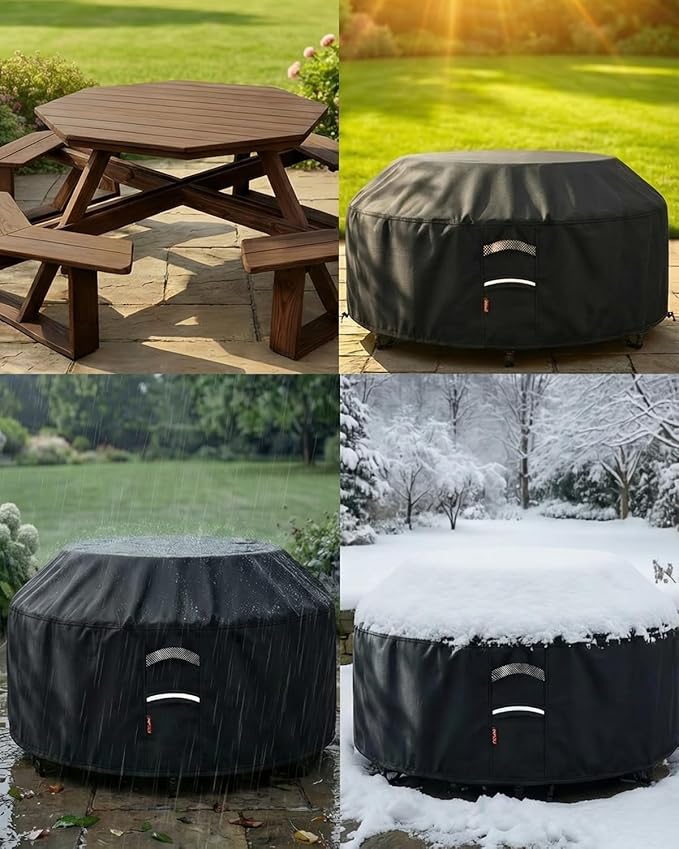 90"D Outdoor Patio Furniture Covers Waterproof Picnic Table Cover Round Patio Table Cover Fits 8-Sided Octagon Tables 420D Material