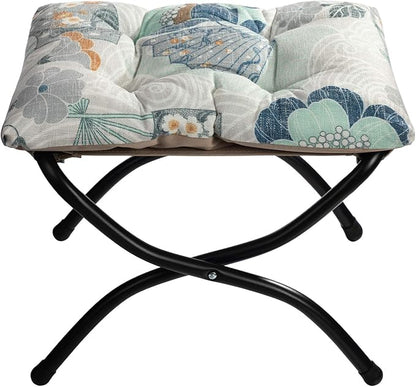 HollyHOME 15"(H) Folding Footrest Stool, Upholstered Small Foldable Ottoman, Accent Padded Sofa Foot Stool for Lazy Chair, Metal Frame Portable Foot Rest Ottoman for Living Room, Bedroom, Fan Print