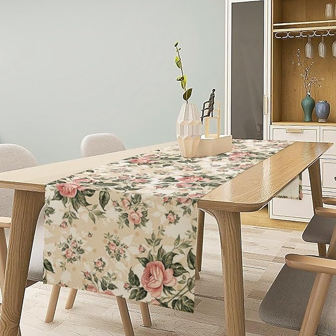 Rose Floral Table Runner,Vintage Watercolor Spring Summer Seasons Flowers Table Decoration for Wedding Holiday Indoor Outdoor Home Party 13x108in