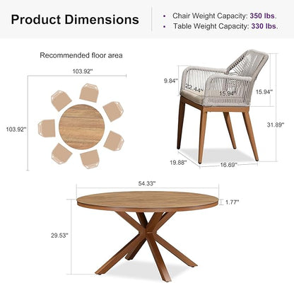 PURPLE LEAF 7 Pieces Patio Round Dining Set Aluminum Round Table and Rattan Arm Chairs with Cushions for Kitchen Porch Garden Modern Outdoor Furniture Sets