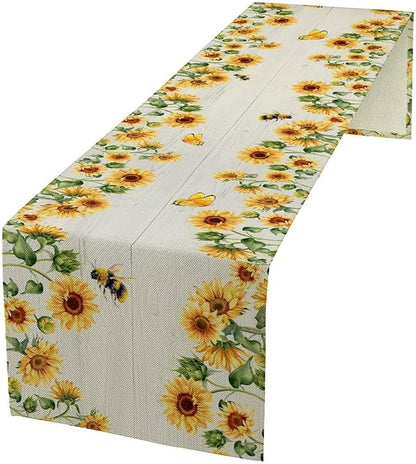 Sunflower Table Runner, Yellow Floral Flower Butterfly Country Rustic Table Runner for Outdoor Home Party Kitchen Dining Holiday 13x90in