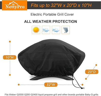 NettyPro Grill Cover for Small Q Series Grills, Waterproof Heavy Duty UV Resistant Portable Grill Cover for Q 2400 Series and Baby Q Gas Grill, Black