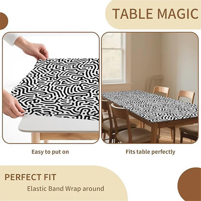 Rectangle Table Cloth Cover Waterproof Elastic Fitted Polyester Fitted Tablecloths for 6 Foot Tables for Indoor,Picnic, Camping, Outdoor （72" x 30"，Abstract Geometry）