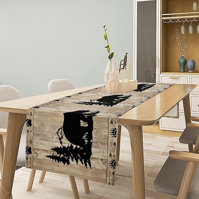 Bear Table Runner, Wild Animals Rustic Cabin Forest Bear Print Wooden Board Table Runner for Dining Kitchen Home 13x60in