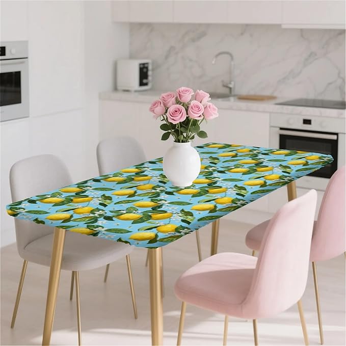 Rectangle Table Cloth Cover Waterproof Elastic Fitted Polyester Fitted Tablecloths for 6 Foot Tables for Indoor,Picnic, Camping, Outdoor （60" x 30"，Lemon）
