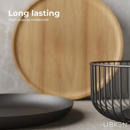 Fruit Basket with Wooden Bamboo Lid - Fruit Bowl For Kitchen Counter - Countertop Bin for Produce Fruits, Potato and Veggie - Metal Wire Baskets For organizing - 11.4"x11.4"x4.5" - Black
