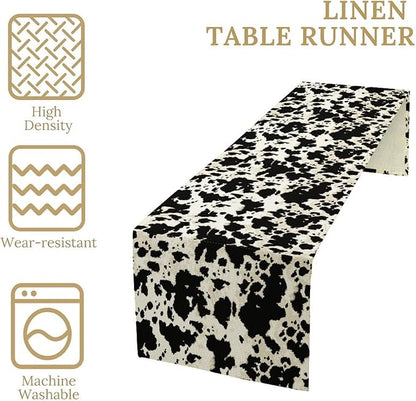 Cow Print Table Runner, Black White Animal Fur Skin Rustic Cowhide Pattern Table Runner for Kitchen Farmhouse Dining Home Outdoor Party 13x60in
