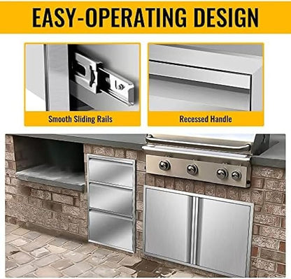 Outdoor Kitchen Drawers, Box Frame Style Flush Mount BBQ Drawer w/Stainless Steel Handle, BBQ Island Drawers For Patio Grill Station,Three Drawers