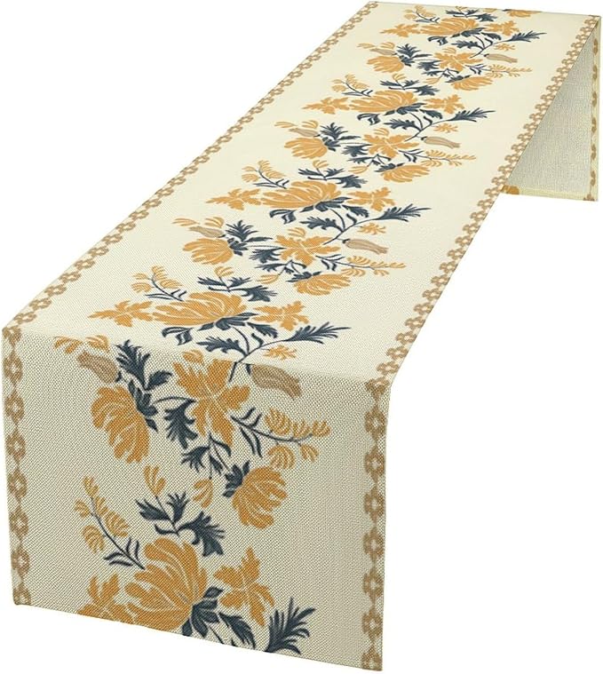 Vintage Yellow Floral Table Runner,Spring Summer Boho Flower Print Table Decoration for Kitchen Dining Table Home Farmhouse Party Decor 13x60in