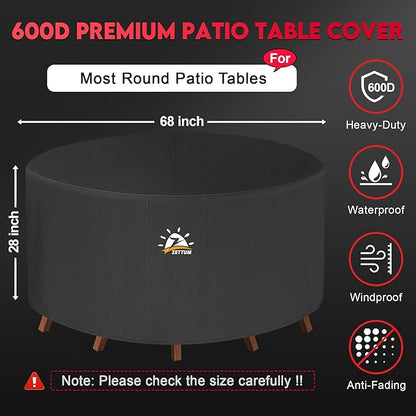 Zettum Round Patio Table Cover 68 Inch - 600D Outdoor Furniture Cover Round Waterproof & Heavy Duty, Lawn Furniture Set Covers for Outside Dining Table and Chairs Seating Combo - 68 x 68 x 28 Inch