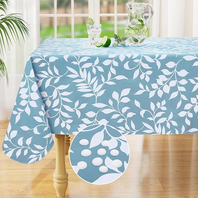 misaya Rectangle Waterproof Vinyl Table Cloth, Wipeable Tablecloth with Flannel Backing, Plastic Table Cover for Dinner, Picnic, Indoor and Outdoor (Blue Leaves, 52" x 70")