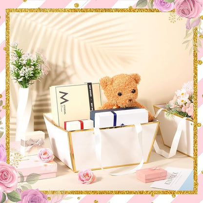 Pinkunn 48 Pcs Basket for Gifts Empty DIY Bulk Gift Basket Kit with Handles Kraft Cardboard Tray for Wedding Baby Shower Graduation Party Anniversary Party Display(White Gold)