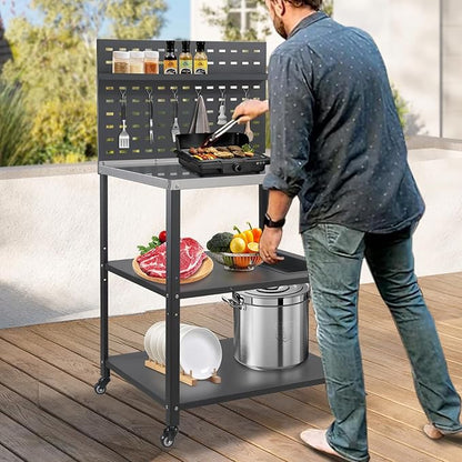 Three-Tier Grill Cart with Hanging Plate,Grill Table with 2 Locking Casters for Patio and Backyard,Stainless Steel Pizza Oven Stand Table,Black