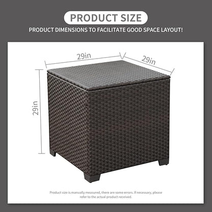 Rattaner 80 Gallon Wicker Outdoor Storage Box Square Patio Storage Bin with Waterproof Lining Bag Deck Storage Box and Cushion Storage Bin Outdoor, Brown Wicker