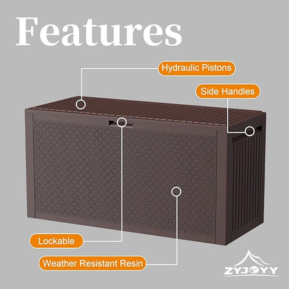 ZYJOYY 90 Gallon Resin Deck Box, Weatherproof Outdoor Storage Box for Patio, Garden, Pool, and Yard, Lockable Waterproof Bin for Tools, Cushions, and Accessories, Brown