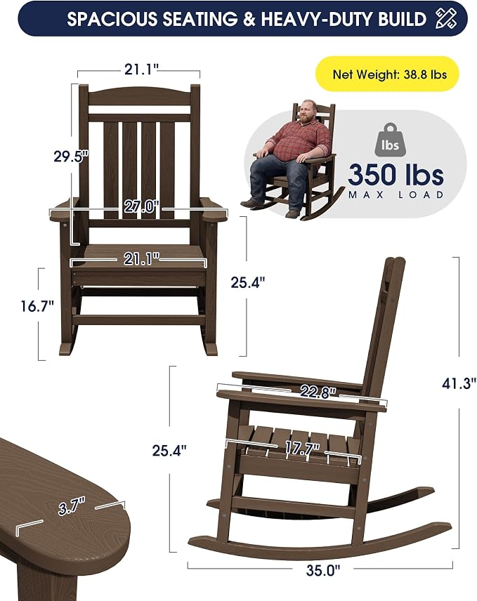 Oversized Outdoor Rocking Chair Set of 4, HDPE Porch Rocker, Coffee | - Image 3