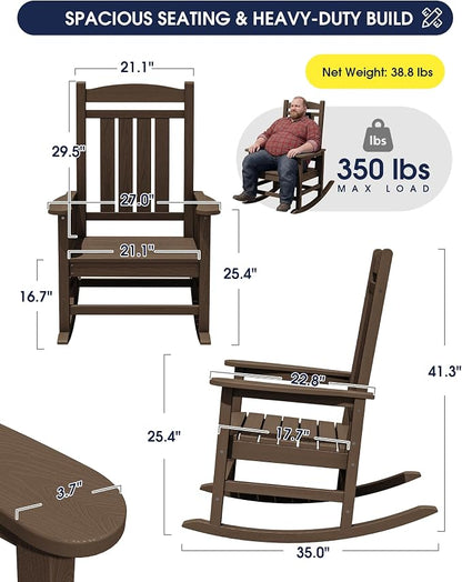 Oversized Outdoor Rocking Chair Set of 4, HDPE Porch Rocker, Coffee | - Image 3