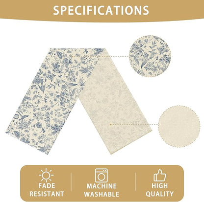 Blue Flower Burlap Table Runner Seasonal Spring Fall Kitchen Dining Linen Table Decoration for Indoor Outdoor Home Party Dinner 13x72 Inch