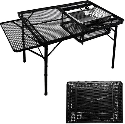 4ft Folding BBQ Table with Wing Plate, Height Adjustable Metal Table with Small Charcoal Grill, Portable Outdoor Table Removable to Two Tables (Bright Black)