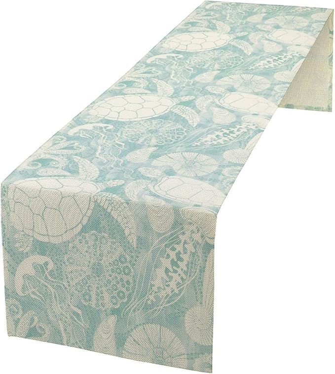 Marine Sea Turtle Table Runner, Ocean Beach Coral Starfish Seashell Table Runner for Kitchen Dining Wedding Party Banquet 13x36in