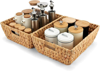 Wicker Baskets 2 Pack, Water Hyacinth Wicker Storage Basket with Handles for Organizing, Handmade Large Baskets, Natural