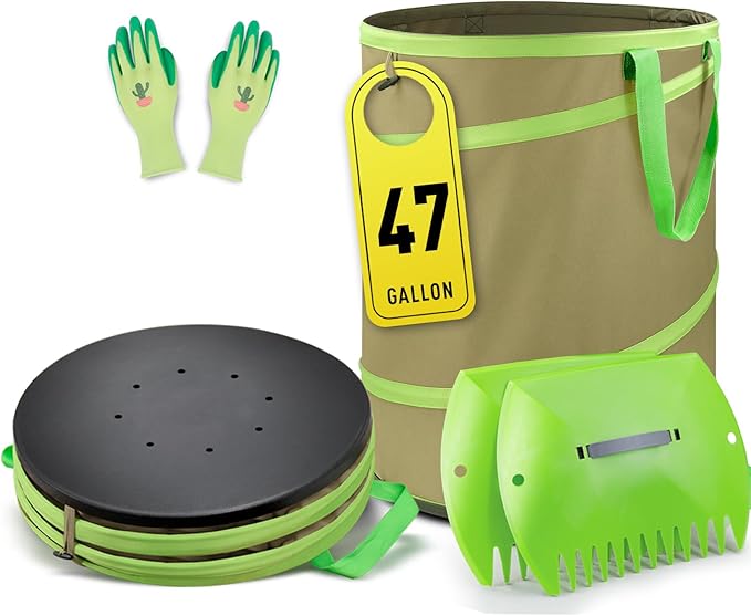 Colwelt Collapsible Garden Bag 47Gallon, Collapsible Leaf Bags with Hard Bottom, Heavy Duty Yard Waste Bag Leaf Bin, Leaf Pop up Trash Can (come with Leaf Scoop, Garden Gloves)