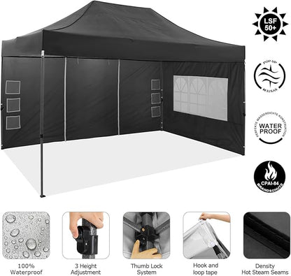 COBIZI 10x15 Pop up Canopy Tent 10x15 Canopy with 4 Sidewalls Waterproof Heavy Duty Commercial Tent for Parties Outdoor Garden Gazebo, Carry Bag(10x15ft, Black)
