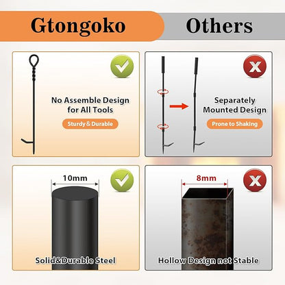 Gtongoko 35 Inch Fireplace Tools Set 5 Pcs Black Wrought Solid Iron Large Fire Tool Set for Outdoor/Indoor Include Chimney Poker, Rustic Tongs, Shovel, Antique Brush and Stand Accessories Set