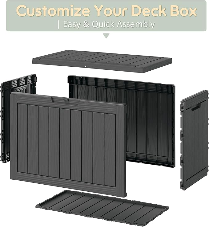 48 Gallon Outdoor Storage Deck Box Waterproof,Garden Tool,Backyard Cushion,Poolside Storage,Small Delivery Boxes for Outside,UV-Resistant & All-Weather,Wood-like Striped BLack