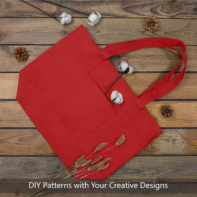 TOPDesign 3-Pack Canvas Tote Bags with an External Pocket, Reusable Grocery Shopping Bags, Top Zipper Closure, Daily Essentials (Red)