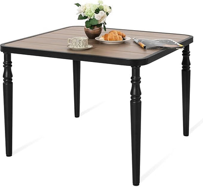 NUU GARDEN 37" Square Outdoor Dining Table, Metal Dining Table with Umbrella Hole, Wood-Grain Tabletop, Weather-Resistant for Garden, Backyard, Deck, Lawn