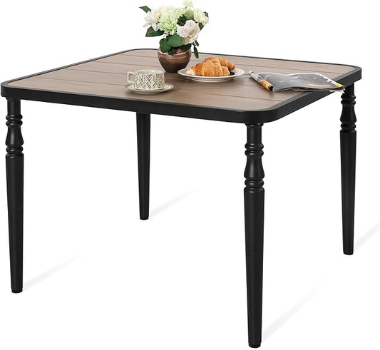 NUU GARDEN 37" Square Outdoor Dining Table, Metal Dining Table with Umbrella Hole, Wood-Grain Tabletop, Weather-Resistant for Garden, Backyard, Deck, Lawn