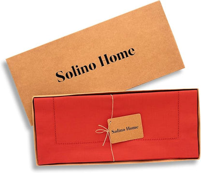 Solino Home Cotton Linen Table Runner 60 Inches - Poppy Red Hemstitch Table Runner 14 x 60 Inch Ideal for Dresser and Coffee Tables, Valentines