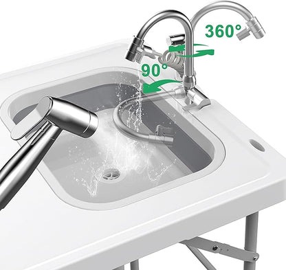 Allpop Fold-in-Half Fish Cleaning Table with Sink & Carrying Bag, 50'' Portable Folding Camping Fish Station with Drainage Hose, Faucet, Sprayer, Storage Box & Grooves for Picnic, White