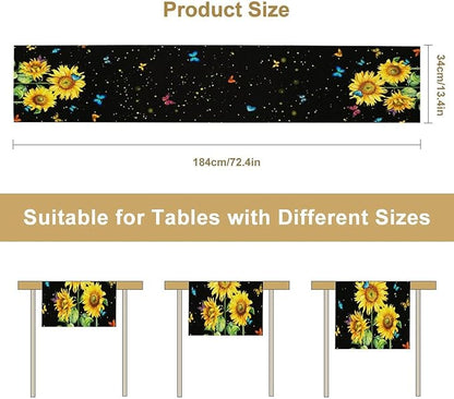 Farmhouse Sunflower Table Runner, Black Starry Spring Yellow Flowers Botanical Butterfly Table Runners for Dining Kitchen Holiday Party Table Decor, 13x60inch