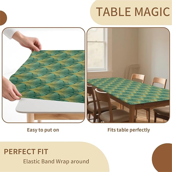 Rectangle Table Cloth Cover Waterproof Elastic Fitted Polyester Fitted Tablecloths for 4 Foot Tables for Indoor,Picnic, Camping, Outdoor （48" x 30"，Green Sector Geometry）
