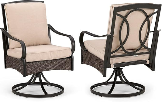 PHI VILLA Patio Swivel Chairs Set of 2, Heavy Duty Outdoor Metal Wicker Dining Chair with Thickened Cushions, Large All Weather Wrought Iron Deck Chair Lawn Furniture Support 300lbs