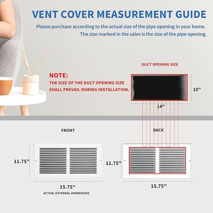 14 x 10 Vent Cover (Duct Opening Size), Air Return Vent Cover, AC Vent Cover, Cold Air Return Vent Cover, Flat Return Air Grilles, Outer Dimensions:15.75"W x 11.75"H (14"W x 10"H, Duct Opening)